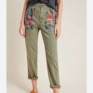 Anthropologie Relaxed Embroidered Trousers Olive Green Relaxed Pockets Sz 28